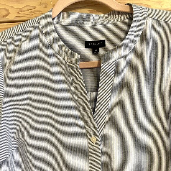 Talbots Blue And White Striped Button Down Blouse Collarless Size Medium - Picture 2 of 9